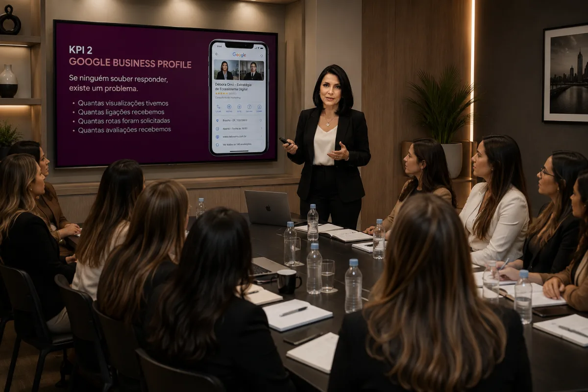 Débora Orrú apresentando os indicadores do Google em uma aula para empresárias